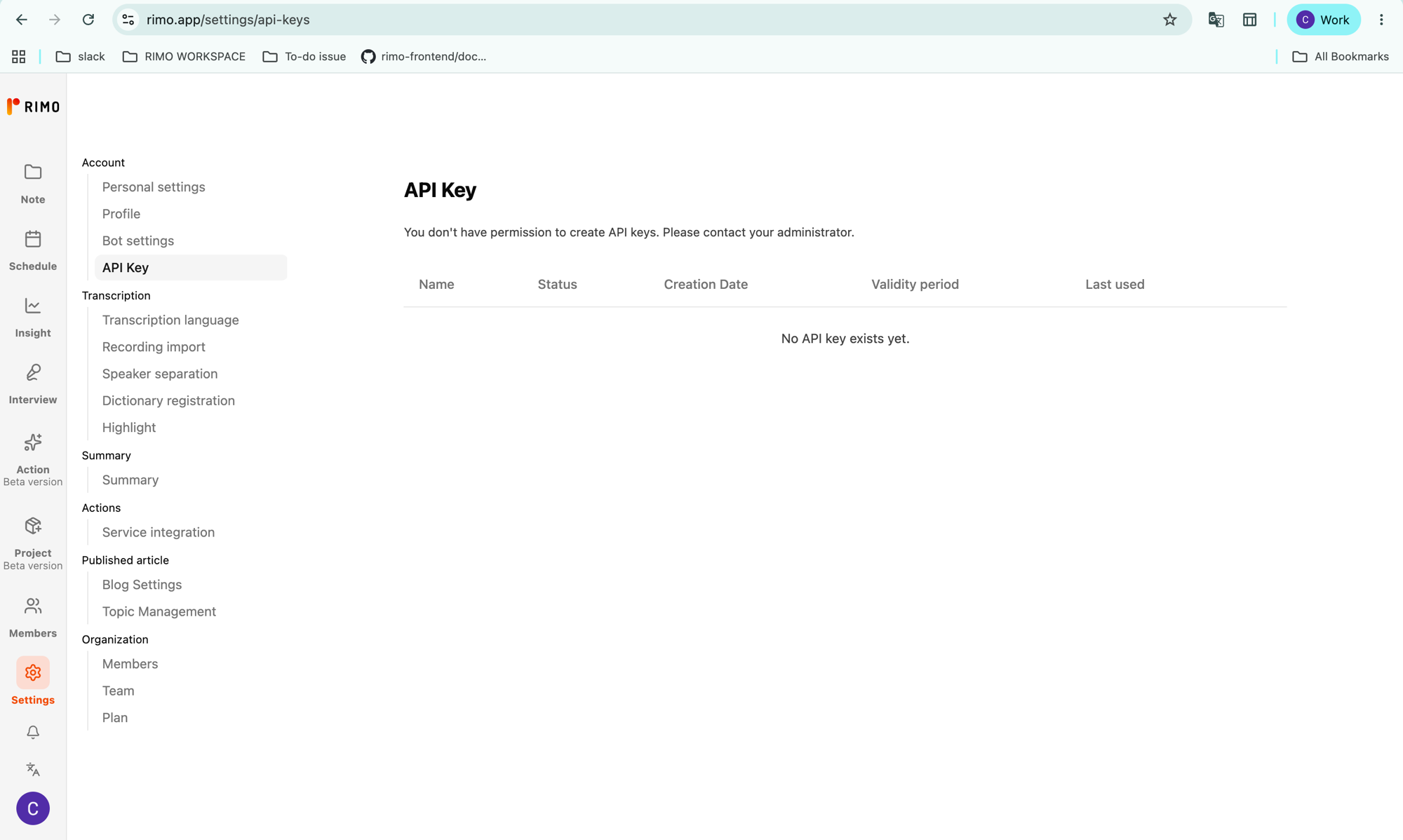 The API Key page when your organization hasn't granted permission: a "You don't have permission to create API keys" message and no Create key button